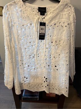 LIV LOS ANGELES White Eyelet Tie-Neck Women's Top